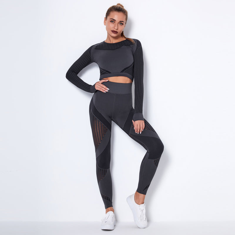 New  Seamless Net Hole Quick-Drying Sports Yoga Long Sleeve Striped Fitness Trousers Yoga Suit