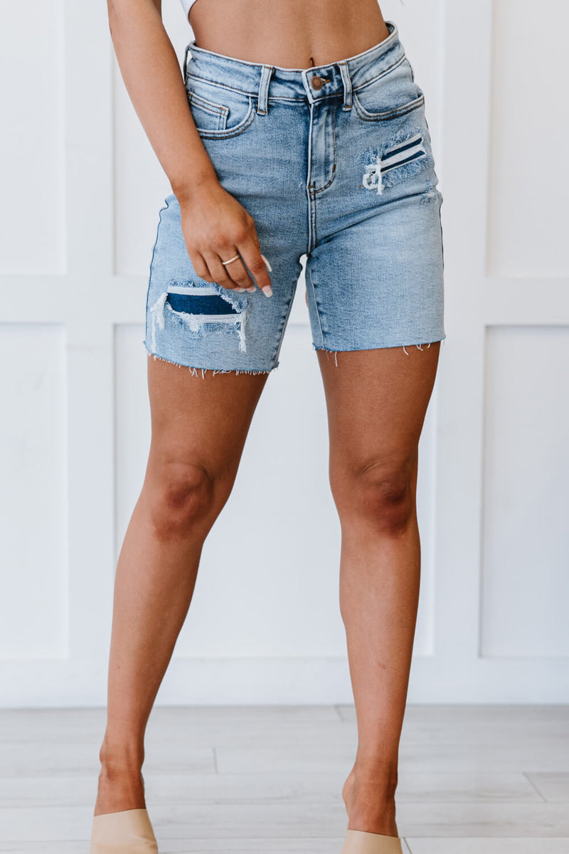 Judy Blue Hallie Full Size Mid-Length Denim Patch Shorts