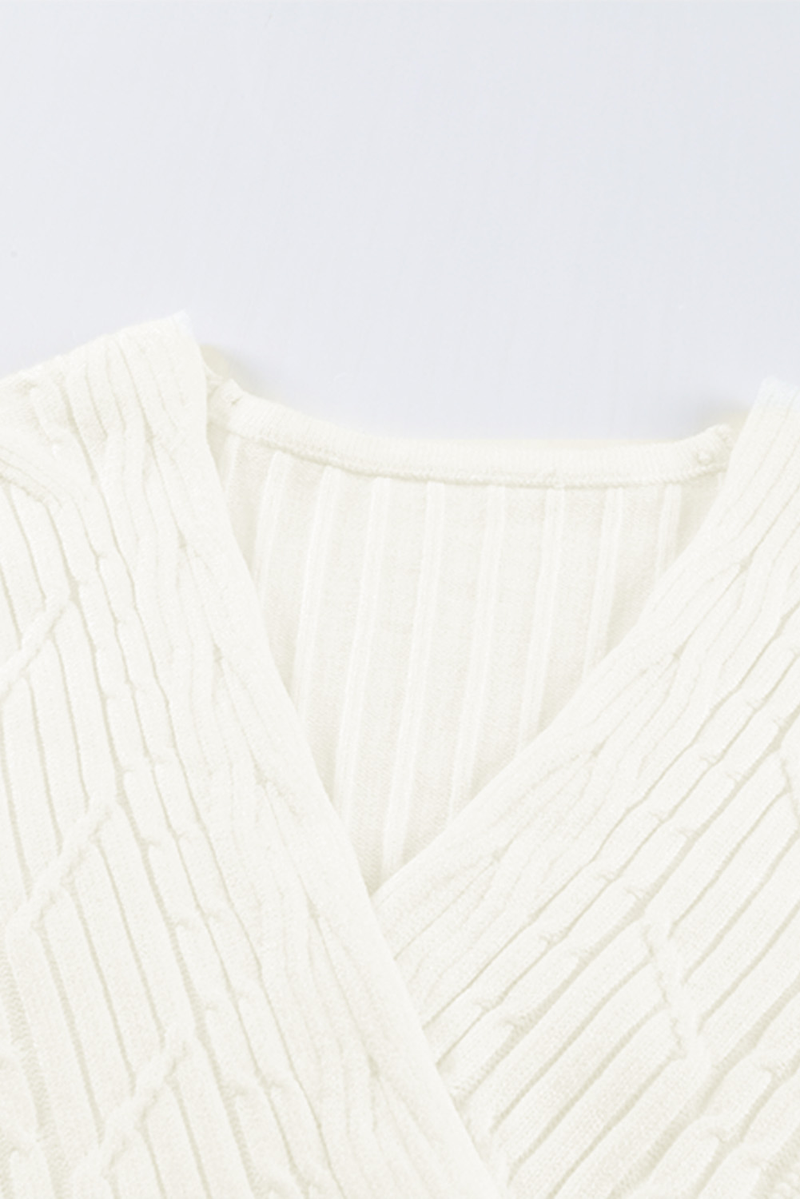 Beige Wrap V Neck Lantern Sleeve Textured Sweater
