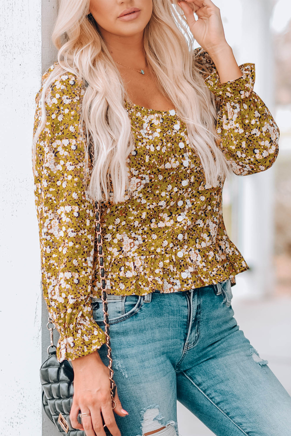Yellow Square Neck Smocked Floral Top