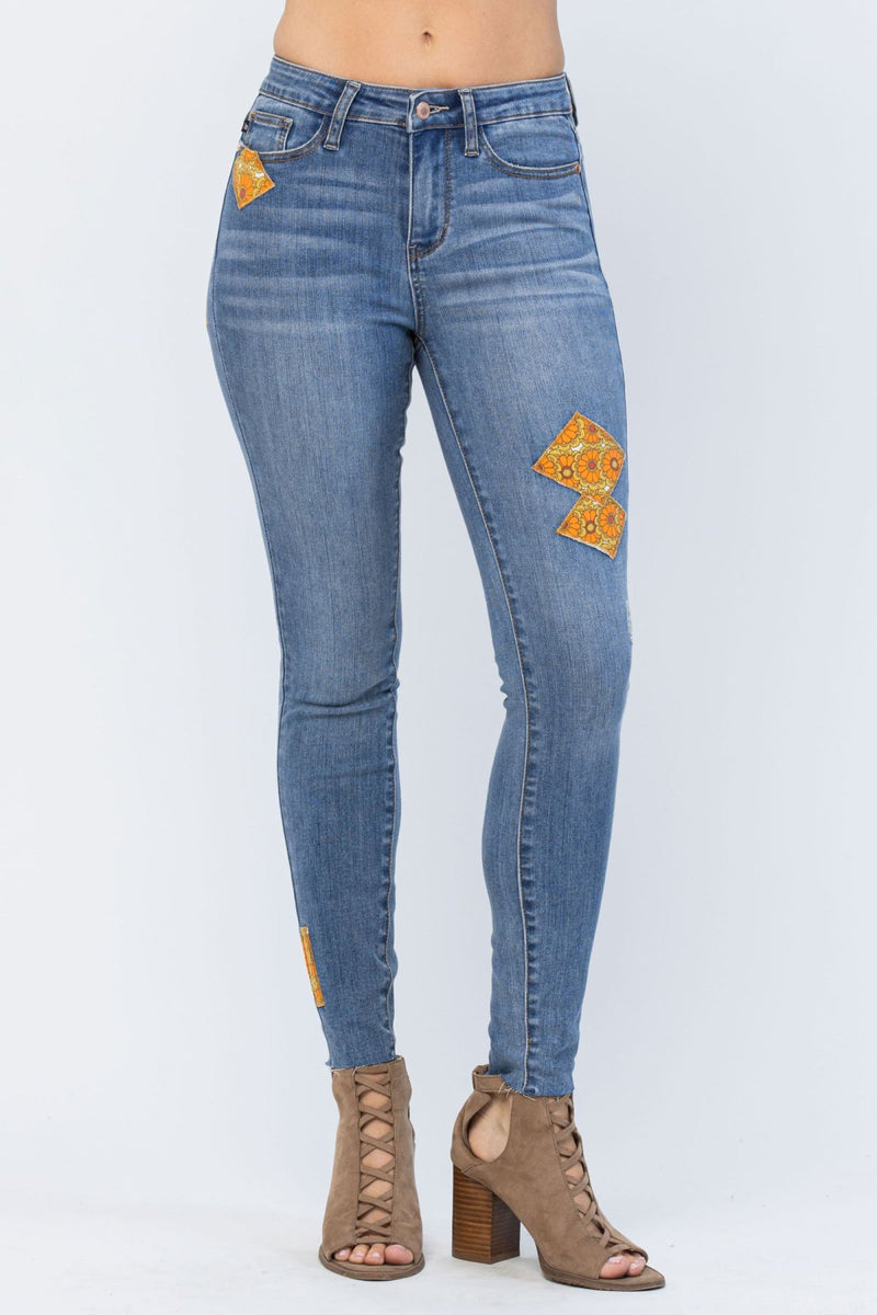 Full Size Mid-Rise Orange Floral Patch Skinny Jeans By Judy Blue