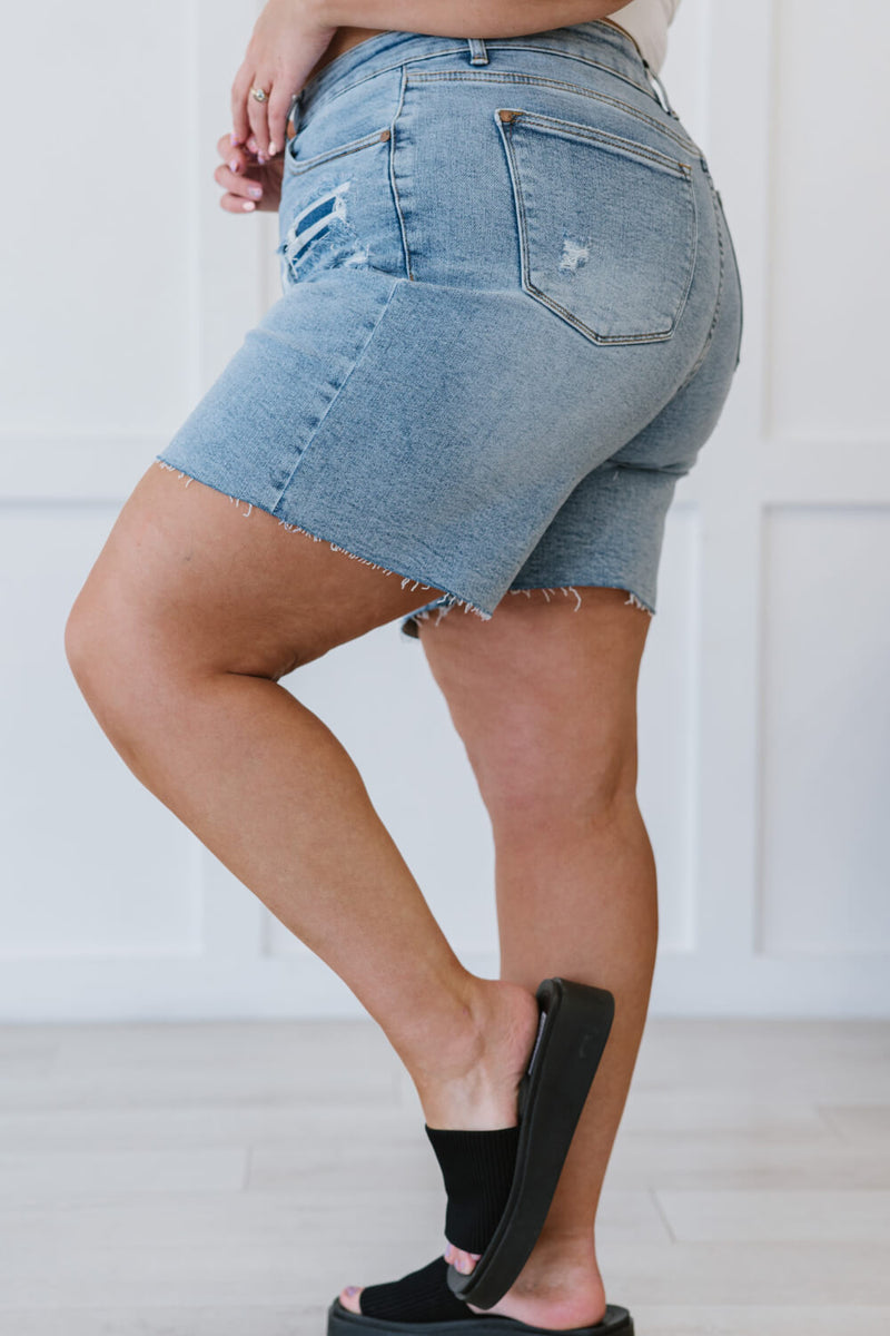 Judy Blue Hallie Full Size Mid-Length Denim Patch Shorts