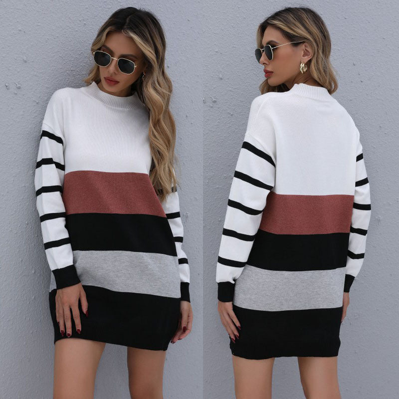 Women Clothing Autumn Winter Color Matching Fashionable Long Knitted Base Sweater Dress