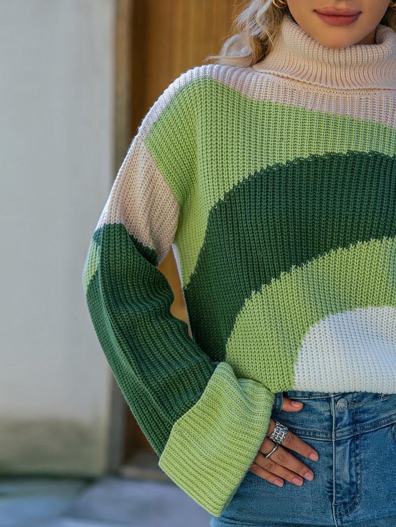 Color Block Drop Shoulder Turtle Neck Sweater