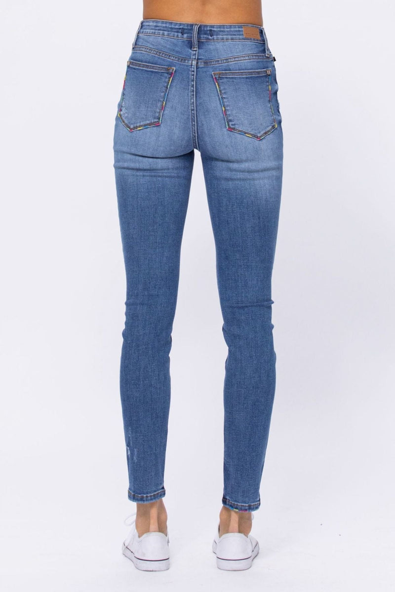 Light Blue Embroidery Pocket Distressed Skinny Jeans By Judy Blue